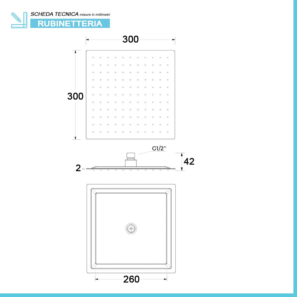 Soffione doccia quadrato 30x30 cm in acciaio inox nero opaco anticalcare