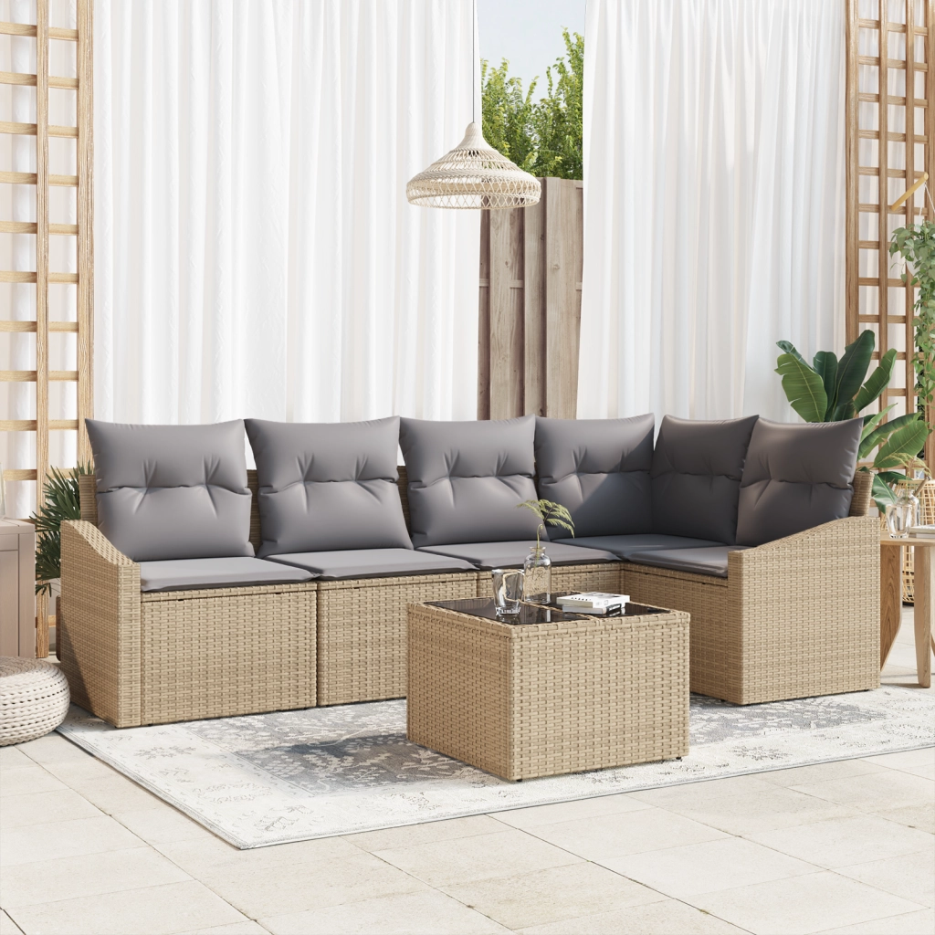Set Divano da Giardino a 6 pezzi con Cuscini Nero Rattan Plastico