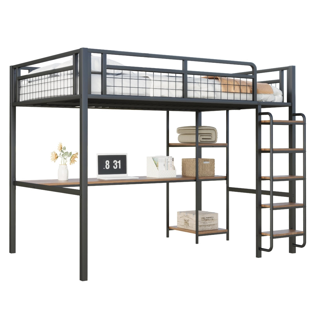 Letto a soppalco in metallo 140x200 cm nero con scrivania, ripiani e scala di sicurezza