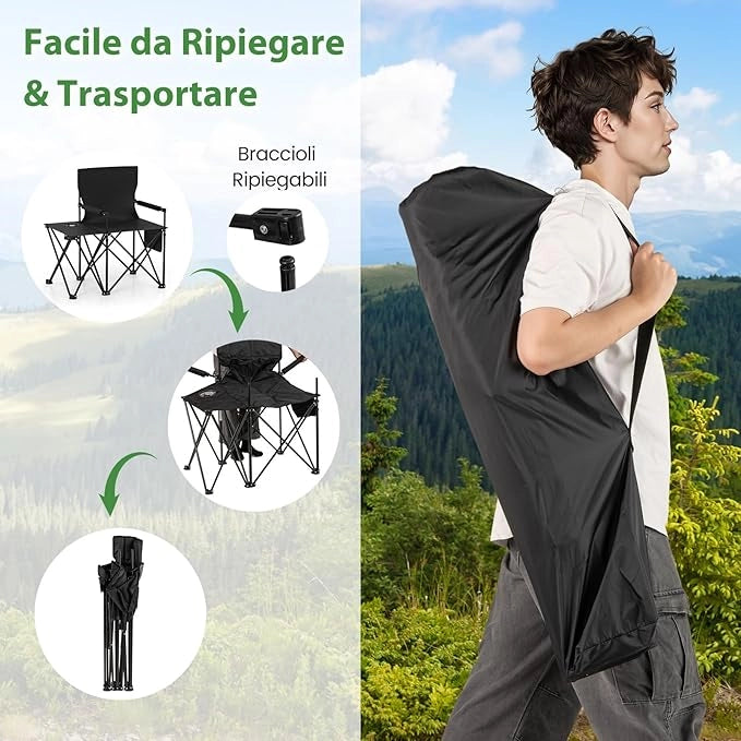 Set di 2 Sedia da Campeggio con Tavolino Laterale, Sedia da Picnic Pieghevole con 2 Tasche, Portabicchieri, Braccioli Imbottiti, Borsa da Trasporto, Portata 150 kg (Nero)