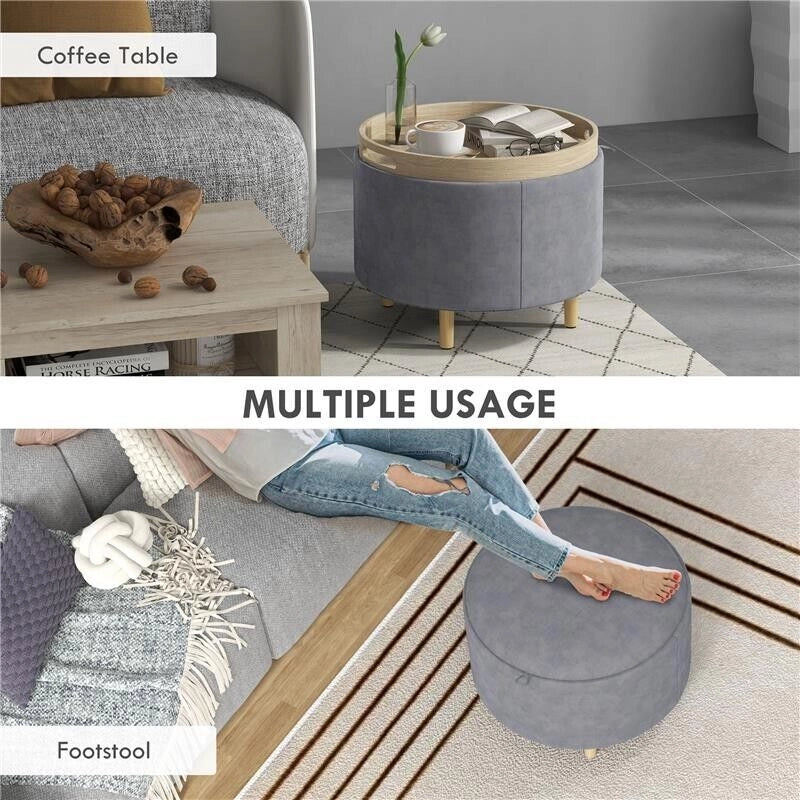 POUF CONTENITORE VELLUTATO DA 120 KG MAX CON VASSOIO A RIBALTA, IN MDF E ROVERE, 56X56X42 CM, GRIGIO