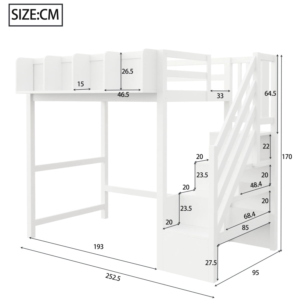LETTO a soppalco 90x200 cm in legno bianco con LED, scala laterale e vani portaoggetti