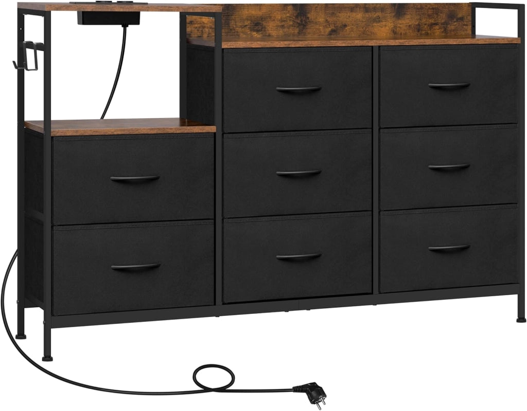 Cassettiera a 8 Cassetti in Tessuto, Cassettiera per Camera da Letto, con Sezione di Ricarica e Ganci, Piani Legno e Struttura in Metallo, Marrone Rustico+Nero