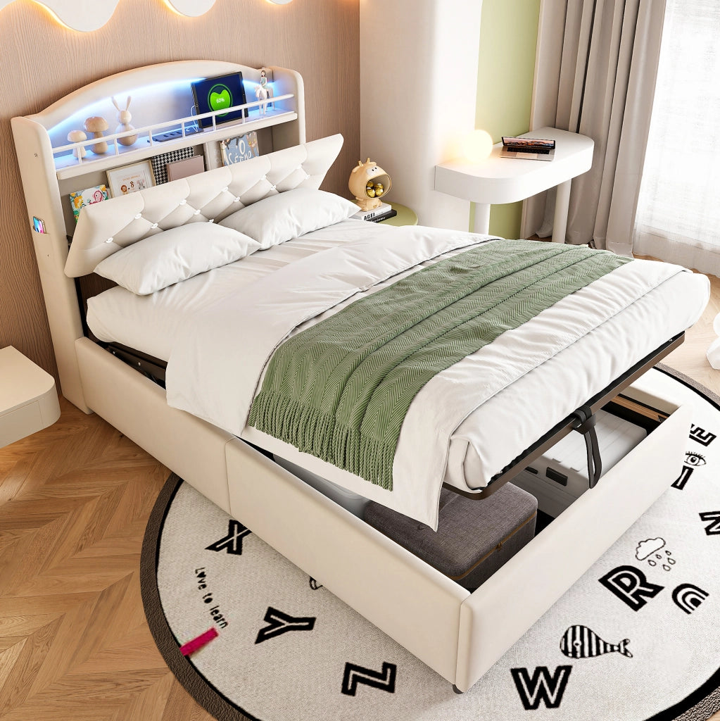 Letto imbottito per bambini 90x200 cm con LED, USB e vano contenitore beige