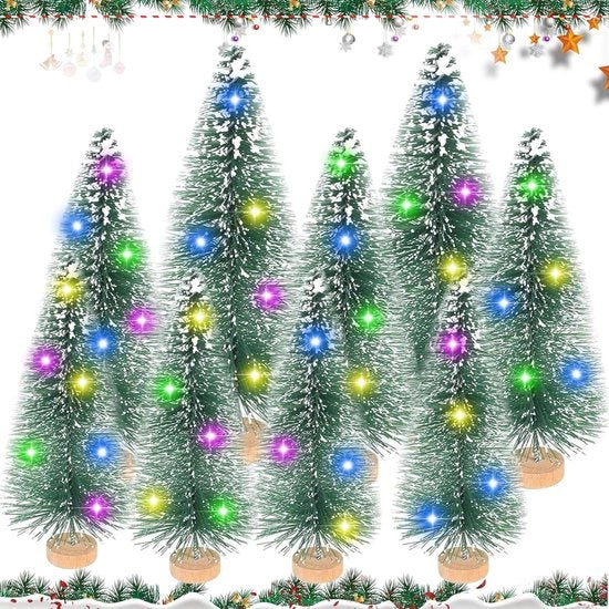 Albero di Natale Mini 9 Pezzi Albero di Pino Artificiale con Base in Legno Effetto Neve Decorazione per Feste di Natale