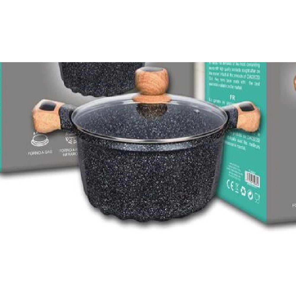 Trade Shop - Pentola Tegame Per Zuppa Rivestito In Granito Con Coperchio Vetro 24 Cm T-9482 -