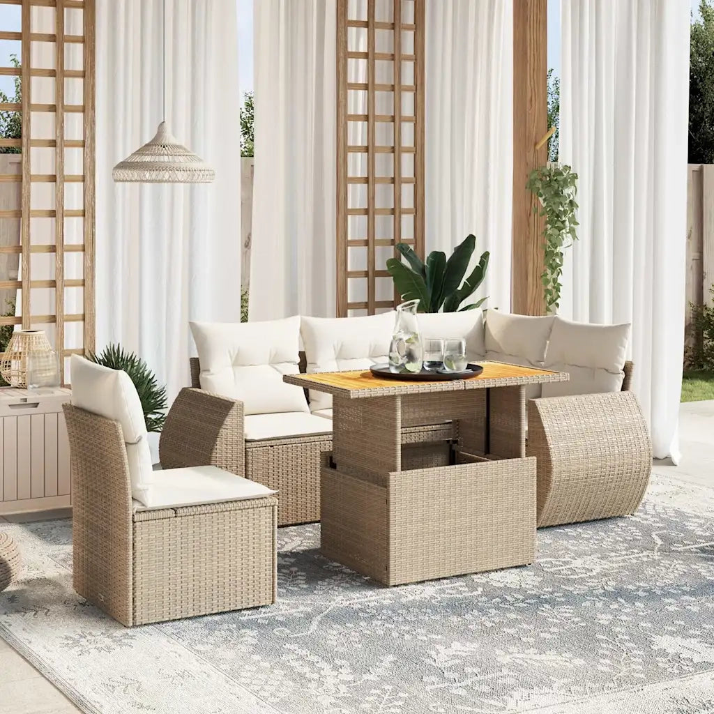Set Divano da Giardino 6 pz con Cuscini Beige in Polyrattan