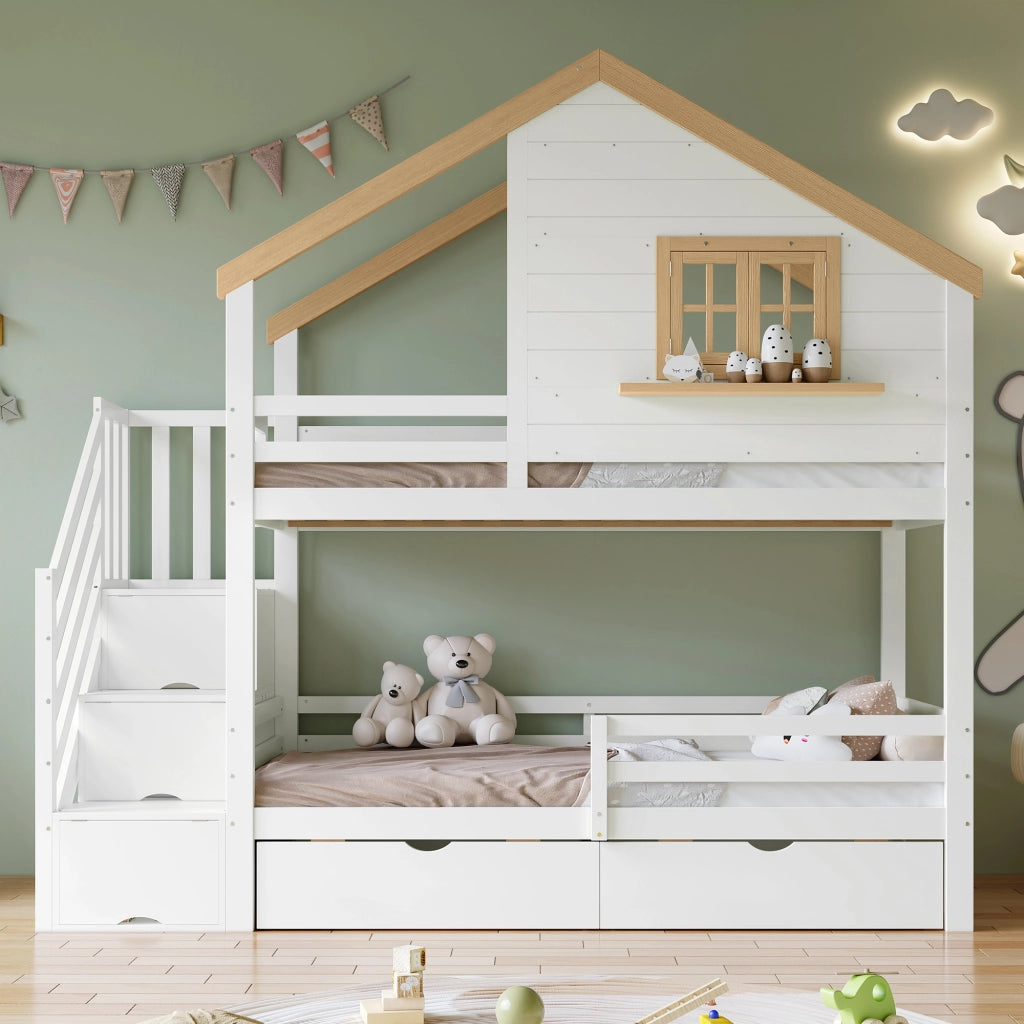 Letto a Castello 90x200 cm con Scala Contenitore; Finestra Apribile e Cassetti