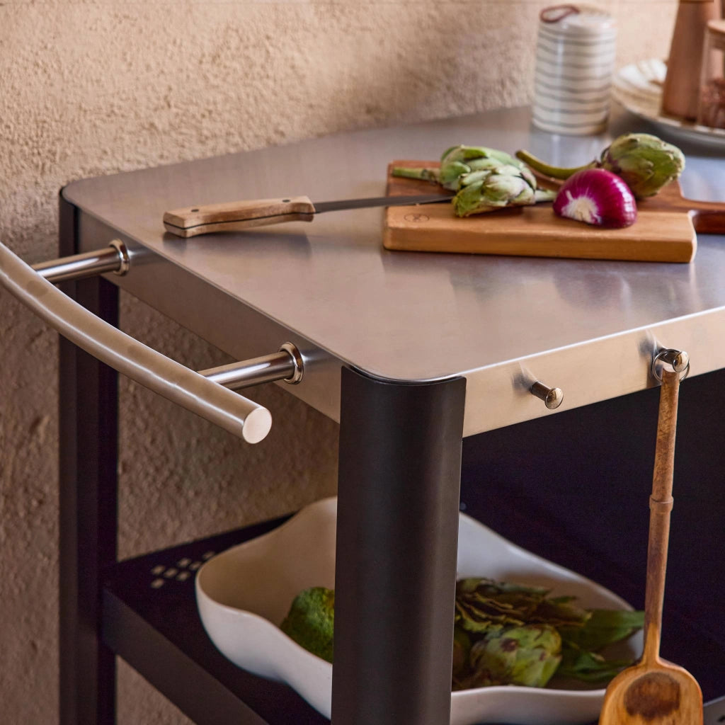 Carrello da cucina da esterno in acciaio con tavolino pieghevole,