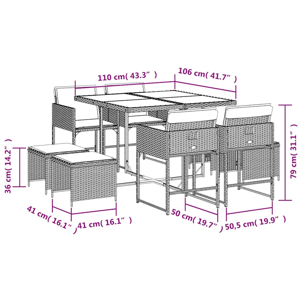 Set da Pranzo da Giardino 9 pz con Cuscini Beige in Polyrattan 3211324