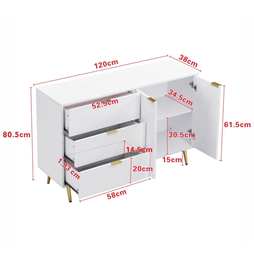 Sideboard con 3 cassetti; 2 porte e ripiani interni in MDF bianco e oro 120x38x80;5 cm