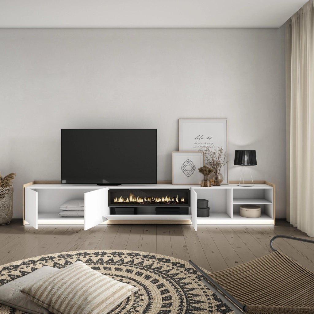 Mobile TV Soggiorno, 310x50x37 cm, Per TV fino a 80", Camino elettrico, LED, Bianco e Rovere soft