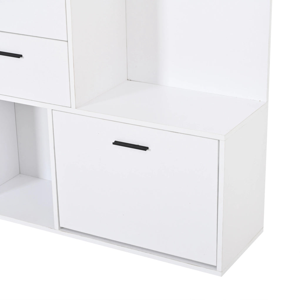Garderoba 90x30x180 cm con specchio; ripiani pieghevoli e ganci in MDF bianco