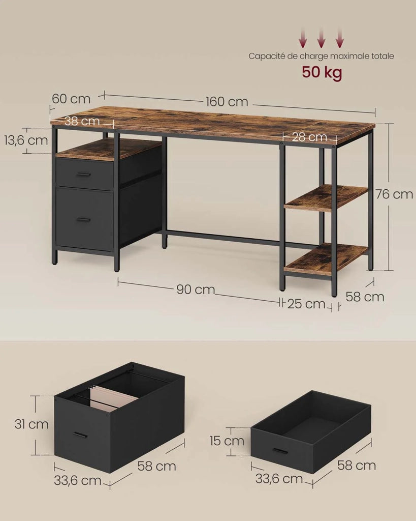 Scrivania per computer con spazio di archiviazione 3 ripiani 2 cassetti 60 x 140 x 76 cm per ufficio/soggiorno stile industriale marrone rustico e nero 12_0004571