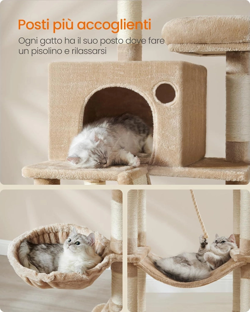 Feandrea Albero per Gatti, Alto 206 cm, Tiragraffi per Gatti Adulti, XXL, con 13 Graffiatoi, 2 Posatoi, 2 Grotte, Cesto, Pompon, in Peluche a Più Livelli per Interno, Marrone Cammello PCT190K01