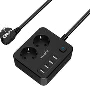 Scatola di alimentazione 6-in-1 con USB - Interruttore - Estensione (4000W) - 2 Prese di corrente - 4 Porte USB - Protezione contro sovraccarico - Nero