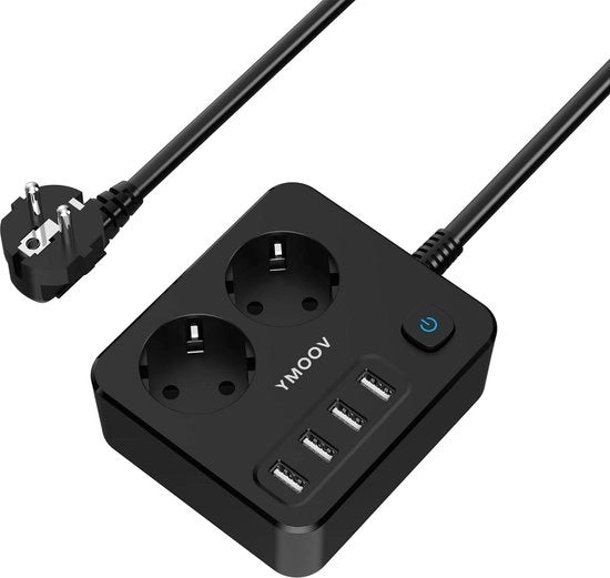 Scatola di alimentazione 6-in-1 con USB - Interruttore - Estensione (4000W) - 2 Prese di corrente - 4 Porte USB - Protezione contro sovraccarico - Nero