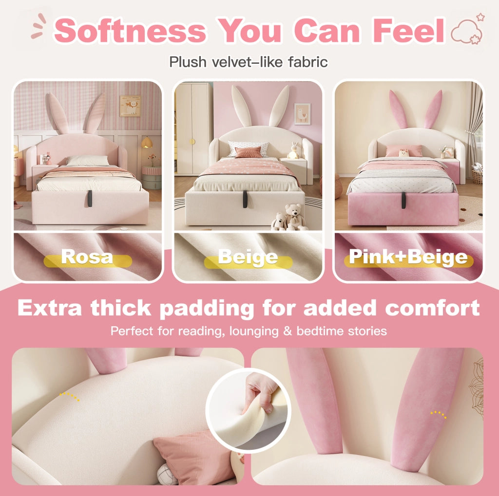 Letto singolo per bambini 90x190 cm in velluto beige e rosa con contenitore idraulico e comodino