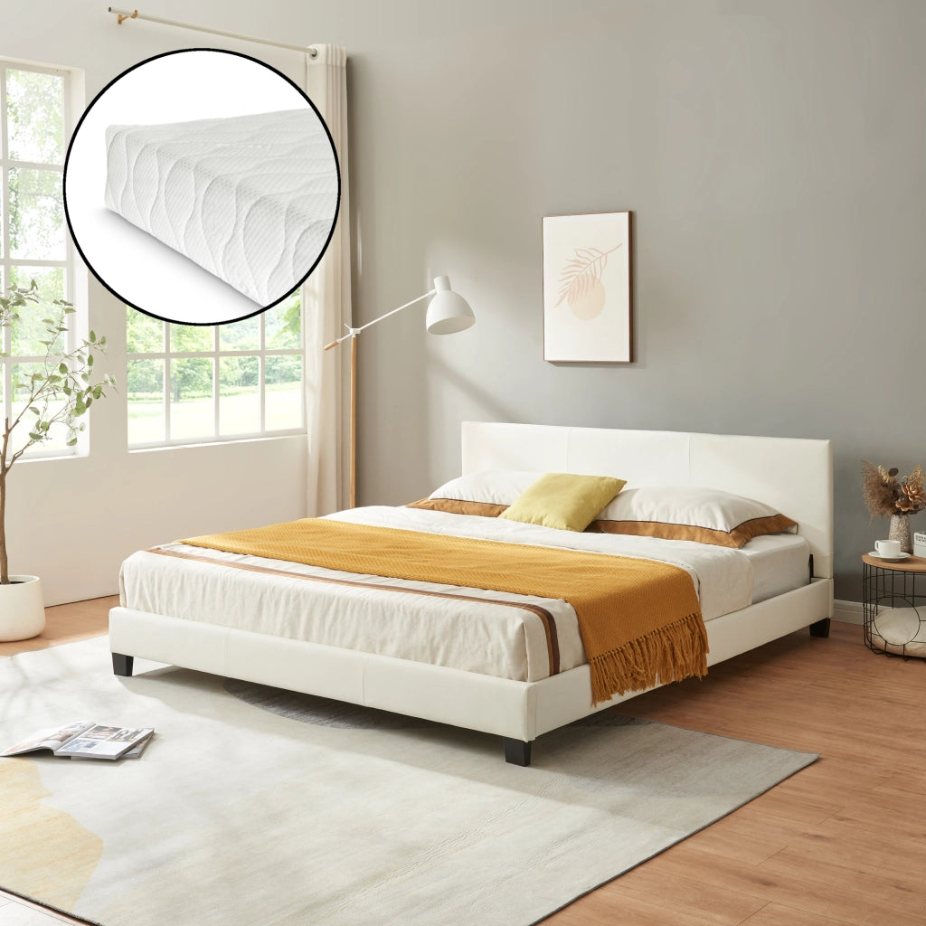 Letto Matrimoniale Albacete con Testiera Alta e Materasso 160x200 cm Similpelle Bianco Corium