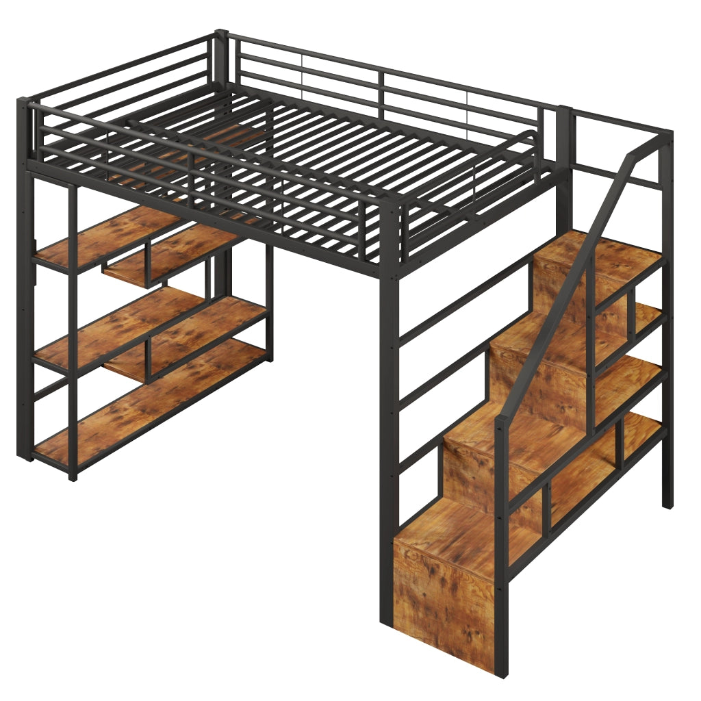 Letto a soppalco 140x200 cm in metallo e MDF con scala integrata; LED e scaffali; nero