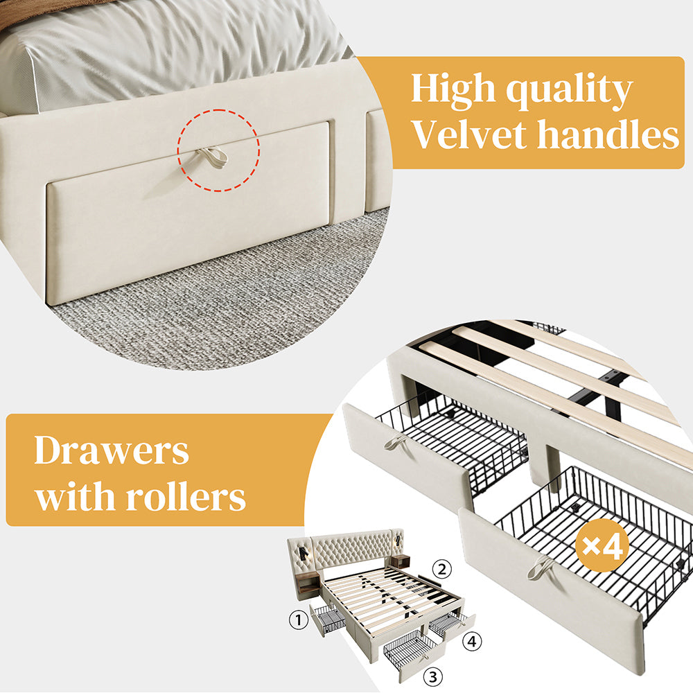 Letto con contenitore - Xylo - 160x200 cm - Beige - 2 comodini, 4 cassetti, USB