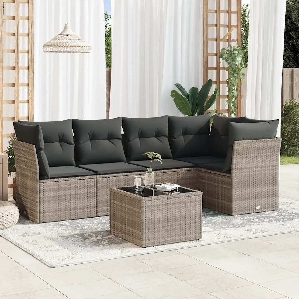 Set Divano da Giardino 6pz | Set Salotto da Giardino con Cuscini Grigio Chiaro Polyrattan