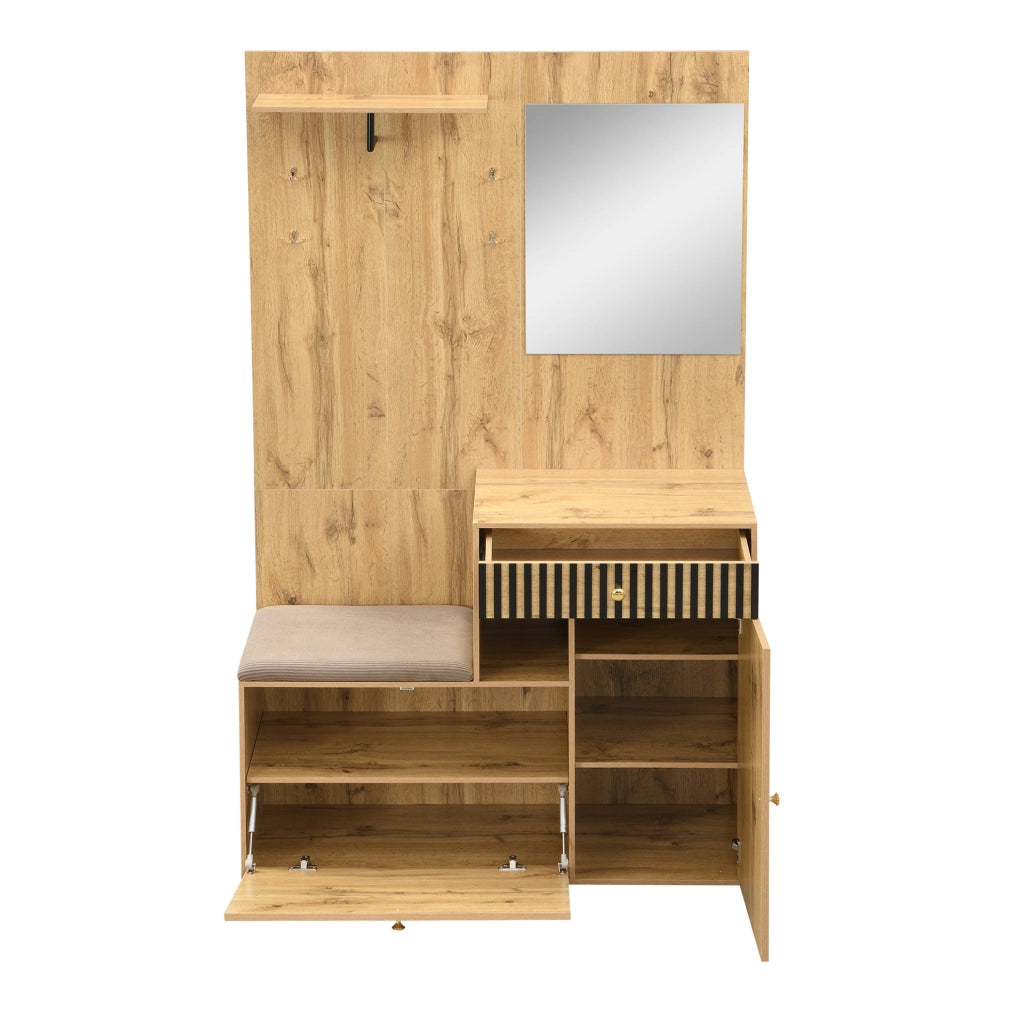 Mobile ingresso con specchio; seduta imbottita e ripiani regolabili 110 x 37 x 185;5 cm; nero e naturale