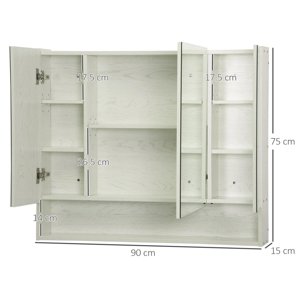 EasyComfort Armadietto Moderno da Bagno con Specchio a 4 Sezioni con Ripiani Regolabili, a Parete in Legno e Vetro, 90x15x75 cm, Grigio