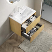 Mobile bagno con lavabo - Xylo - 60 cm - Colora legno - 2 cassetti ceramica bianco