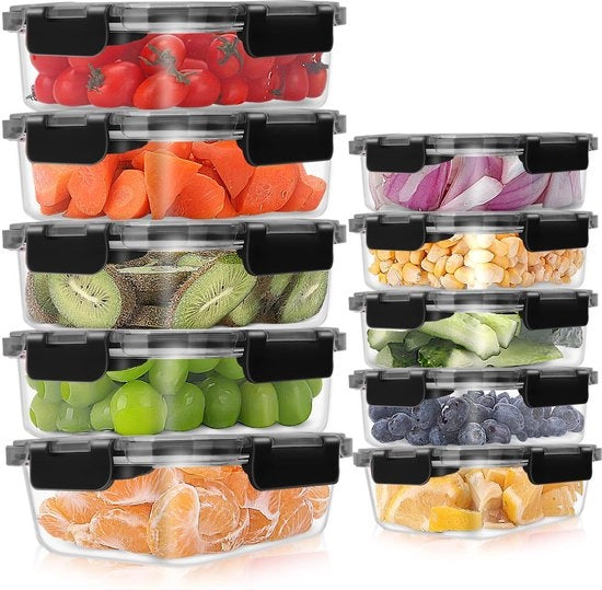 Set di contenitori per la preparazione dei pasti in vetro, 10 pezzi, contenitori per alimenti in vetro a chiusura ermetica, contenitori per alimenti in vetro stivellabili, set con coperchi, BPA libero, per microonde, forno, congelatore e frigorifero