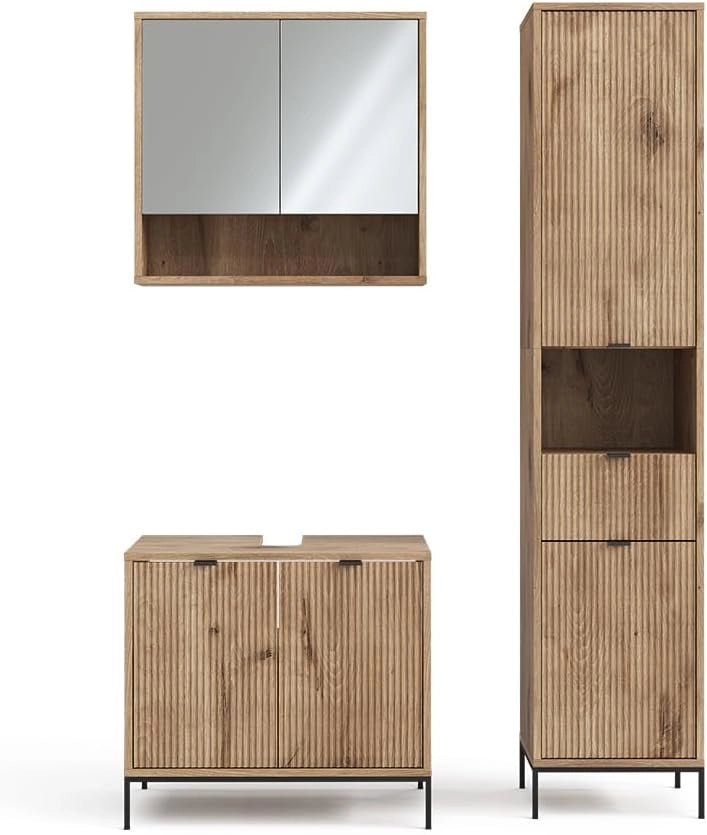 Set di mobili da bagno Eliza, Quercia vichinga, 70 cm, composto da mobile sottolavabo, specchiera e colonna alta