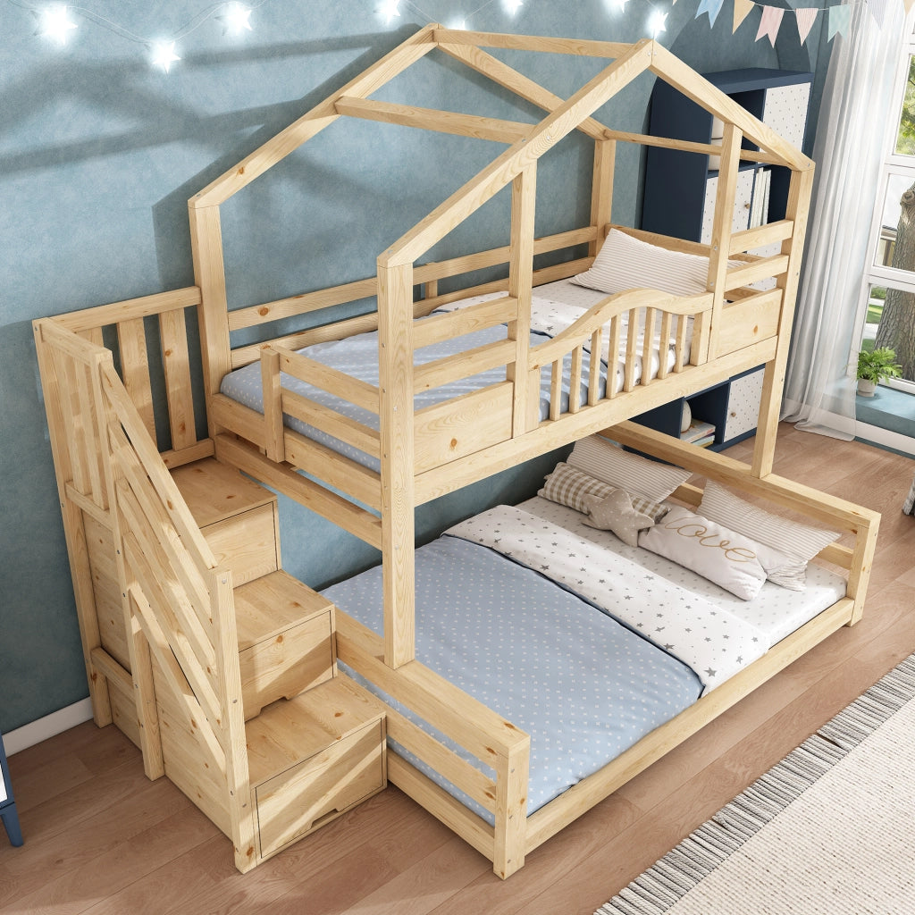 LETTO a castello con scaletta-armadio 90x200/140x200 cm Legno Naturale