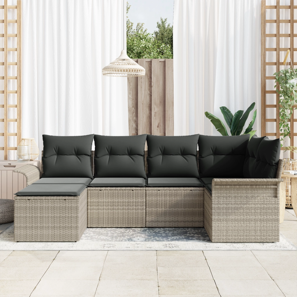 Set di divani da giardino 6 pezzi con cuscini grigio chiaro in polirattan