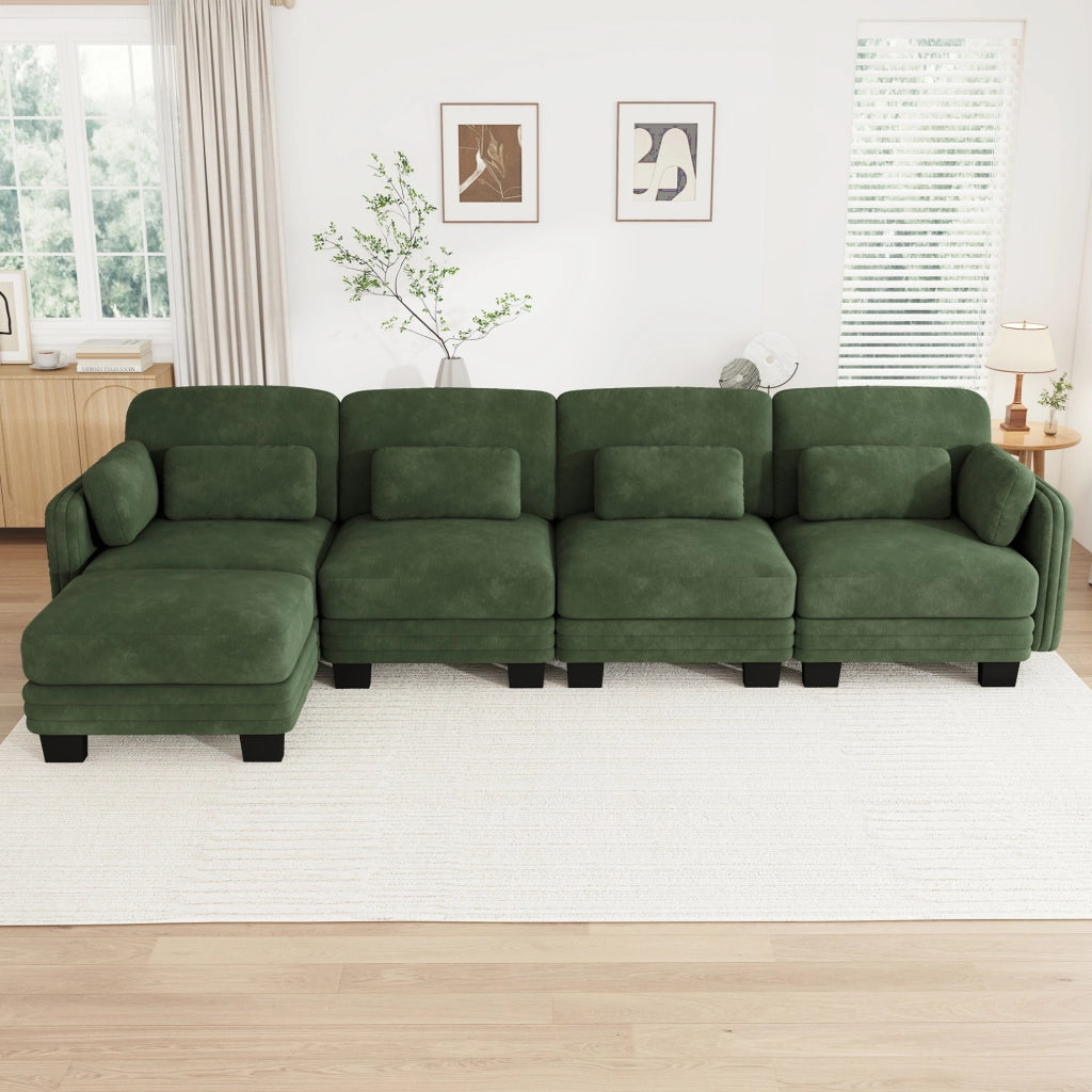 Divano modulare in ciniglia verde con pouf separato e cuscini lombari e bracciolo