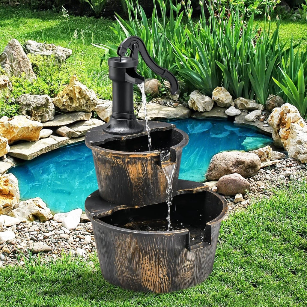 Fontana Giardino a 2 Livelli, Fontana Acqua con Pompa Acqua Elettrica e Flusso Acqua Regolabile, Materiale PP Impermeabile, Decorazione Giardino per Esterni, Balcone, Terrazza