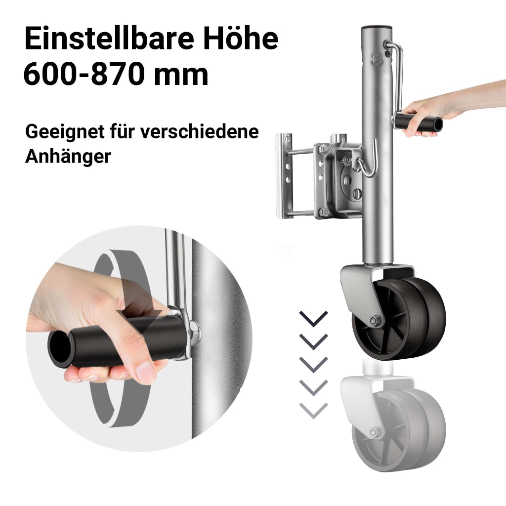 Servotimone con ruota di appoggio doppia, portata 680 kg, ruotino di appoggio per carichi pesanti, altezza max 27 cm, per rimorchi e caravan