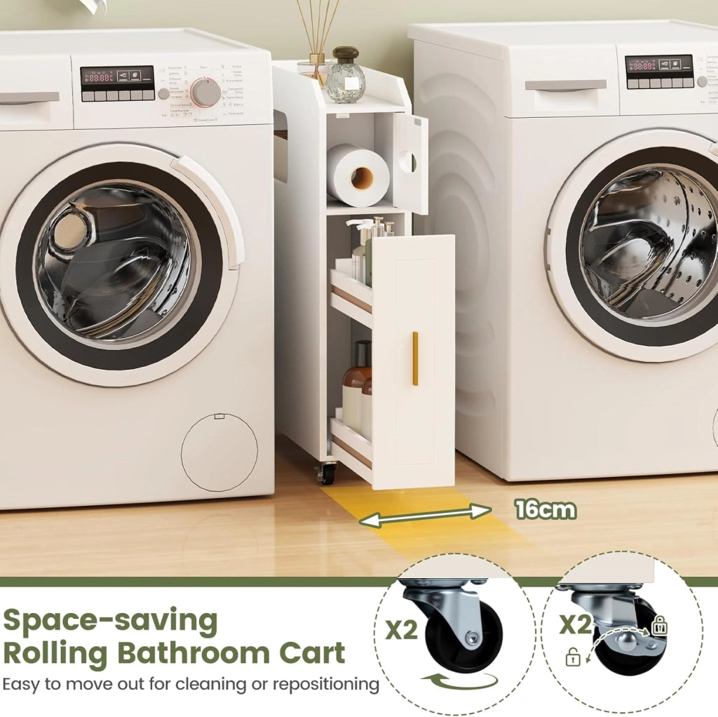 Piccolo Mobile da Bagno 16 cm, Armadietto da Bagno Stretto, Porta Carta, Porta Spazzola, Mobile WC Compatto con Cassetto e Ruote, Organizzazione del Bagno per Spazio Piccolo, Bianco