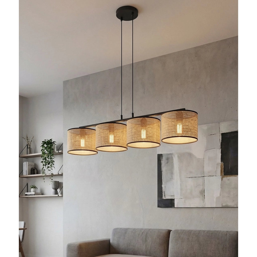Lampada a sospensione ECO in acciaio nero e rattan