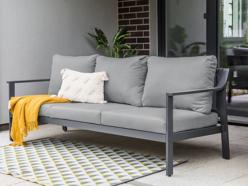 Divano da giardino 3 posti in alluminio con spessi cuscini idrorepellenti in grigio scuro stile moderno scandinavo