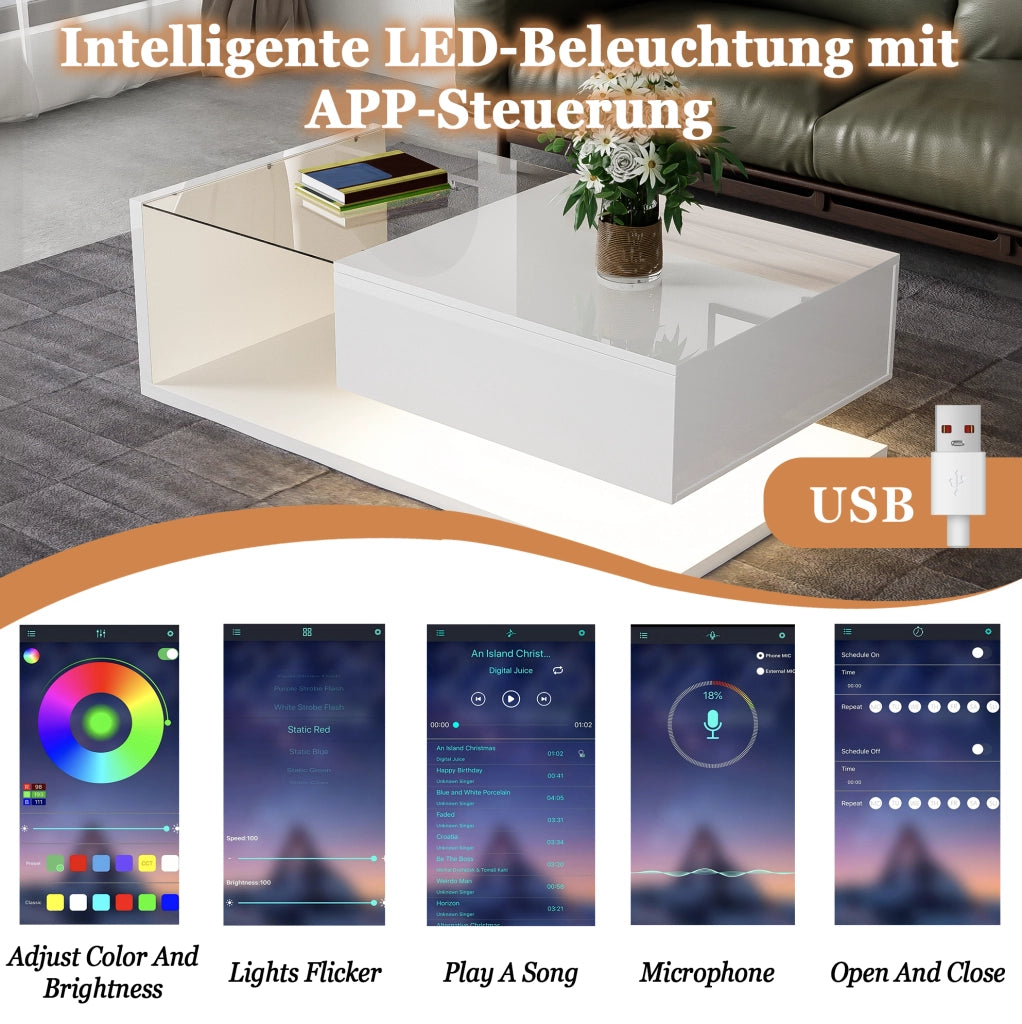 Tavolino da salotto moderno 105x55x32;5 cm in truciolare bianco lucido con LED e vetro temperato