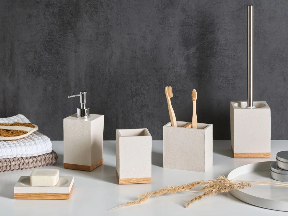 Set di 5 accessori da bagno con portasapone, dispenser, scopino, bicchiere e portaspazzolini beige