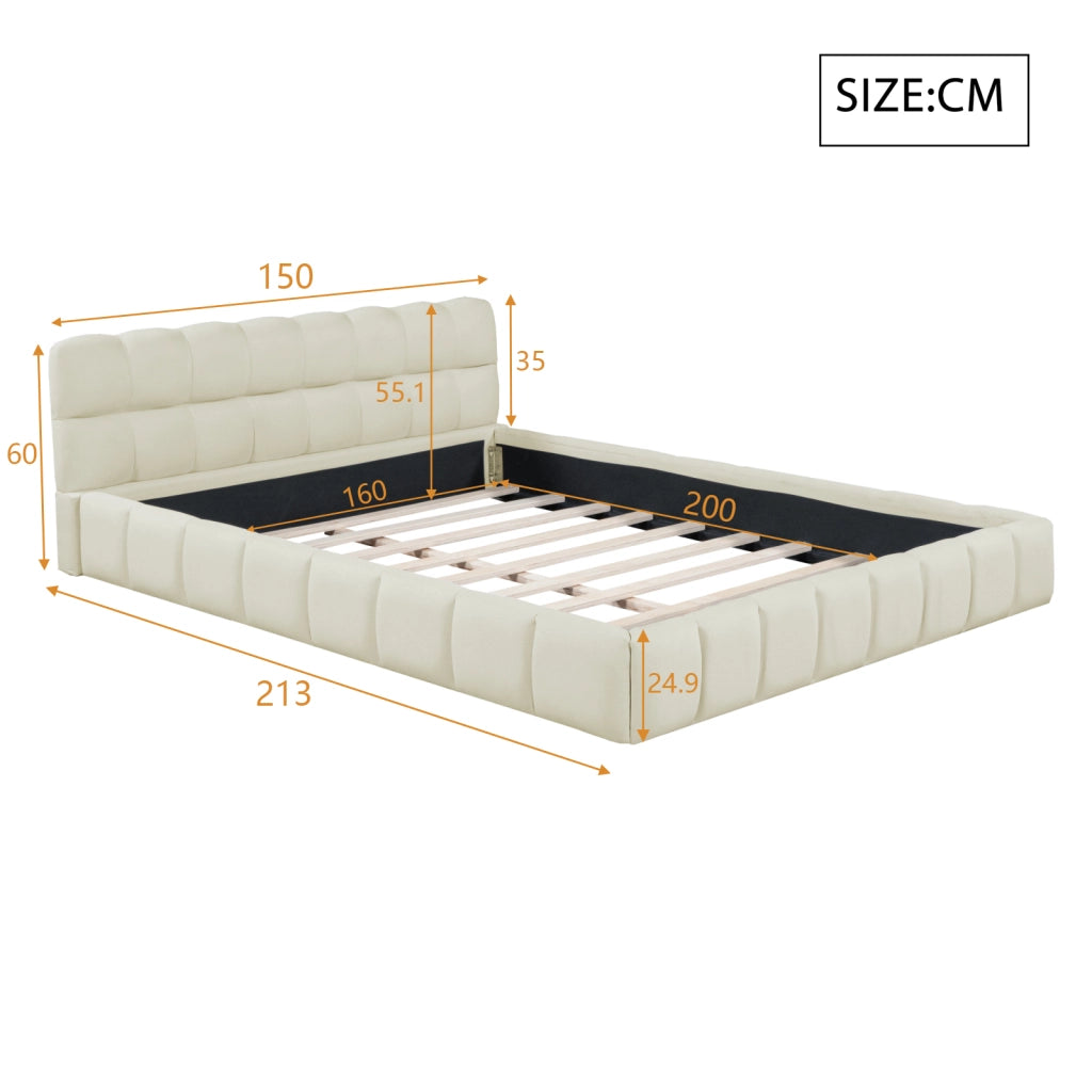 Letto matrimoniale imbottito lino beige 140x200 cm, testiera morbida a pannelli, struttura robusta, design moderno per camera da letto