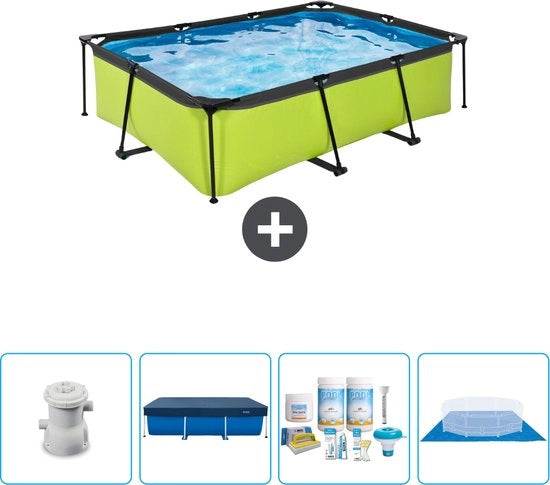Piscina Rectangolare con Cornice Lime - 220 x 150 x 65 cm - Inclusa Pompa Copertura - Kit di Manutenzione - Copertura del Fondino - Ora a prezzi speciali