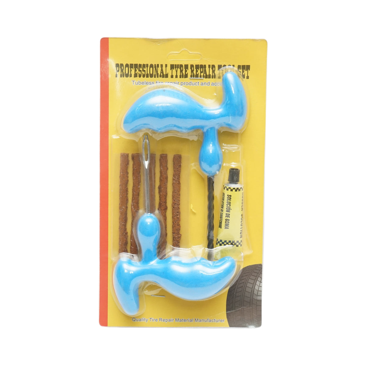 Kit professionale per la riparazione di pneumatici tubeless con vulcanizzazione a freddo, completo di cordoncini e adesivo.