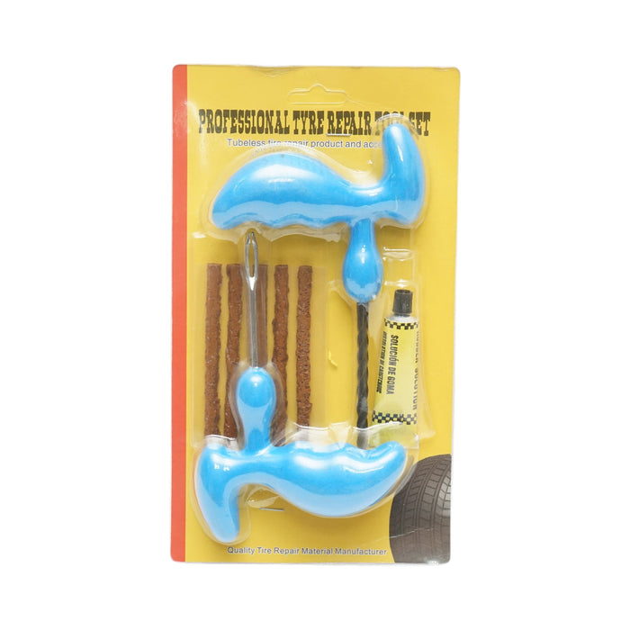 Kit professionale per la riparazione di pneumatici tubeless con vulcanizzazione a freddo, completo di cordoncini e adesivo.