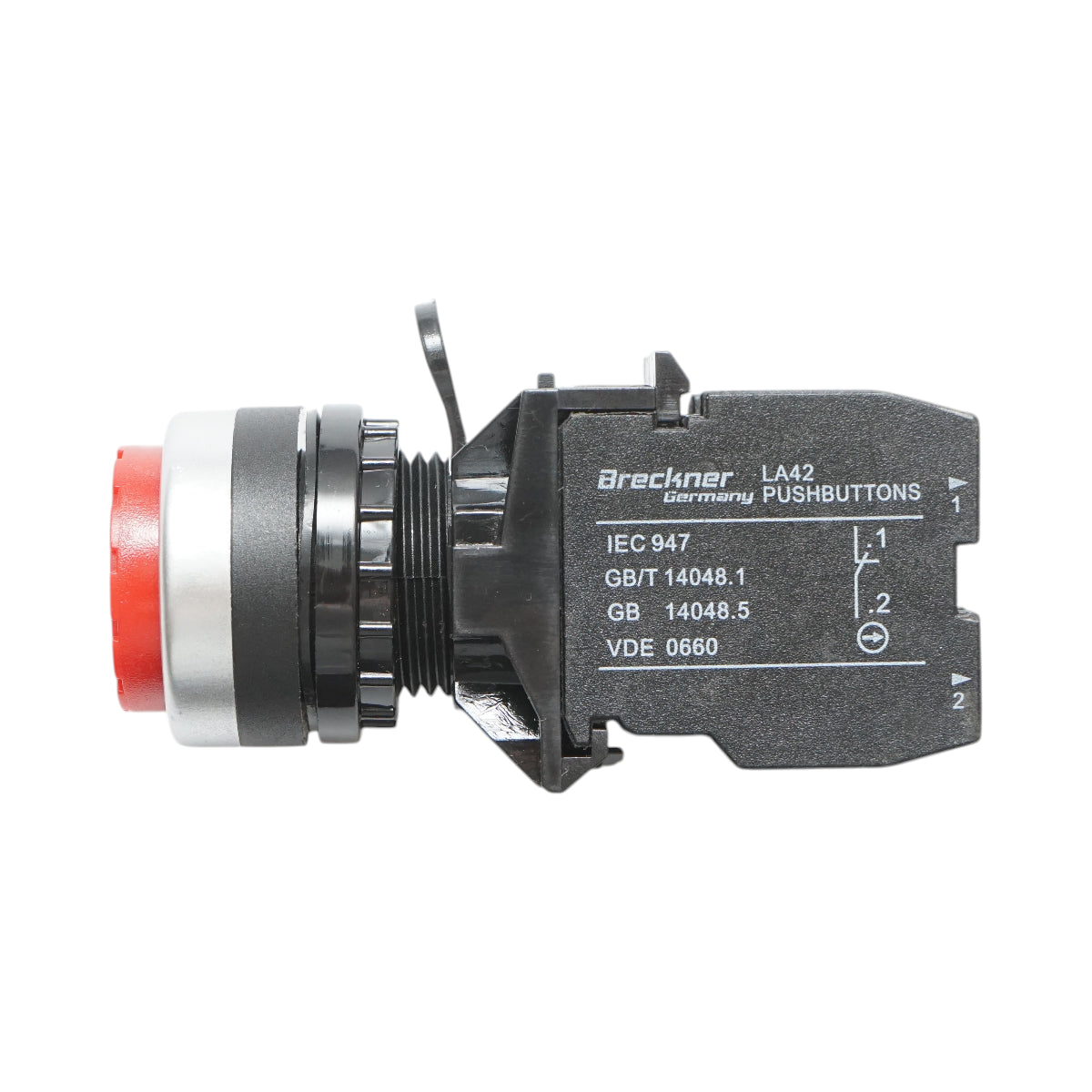 Pulsante convesso con ritorno 1NO+1NC rosso, 10A/600V AC, 1A/250V DC LA42 Breckner Germany