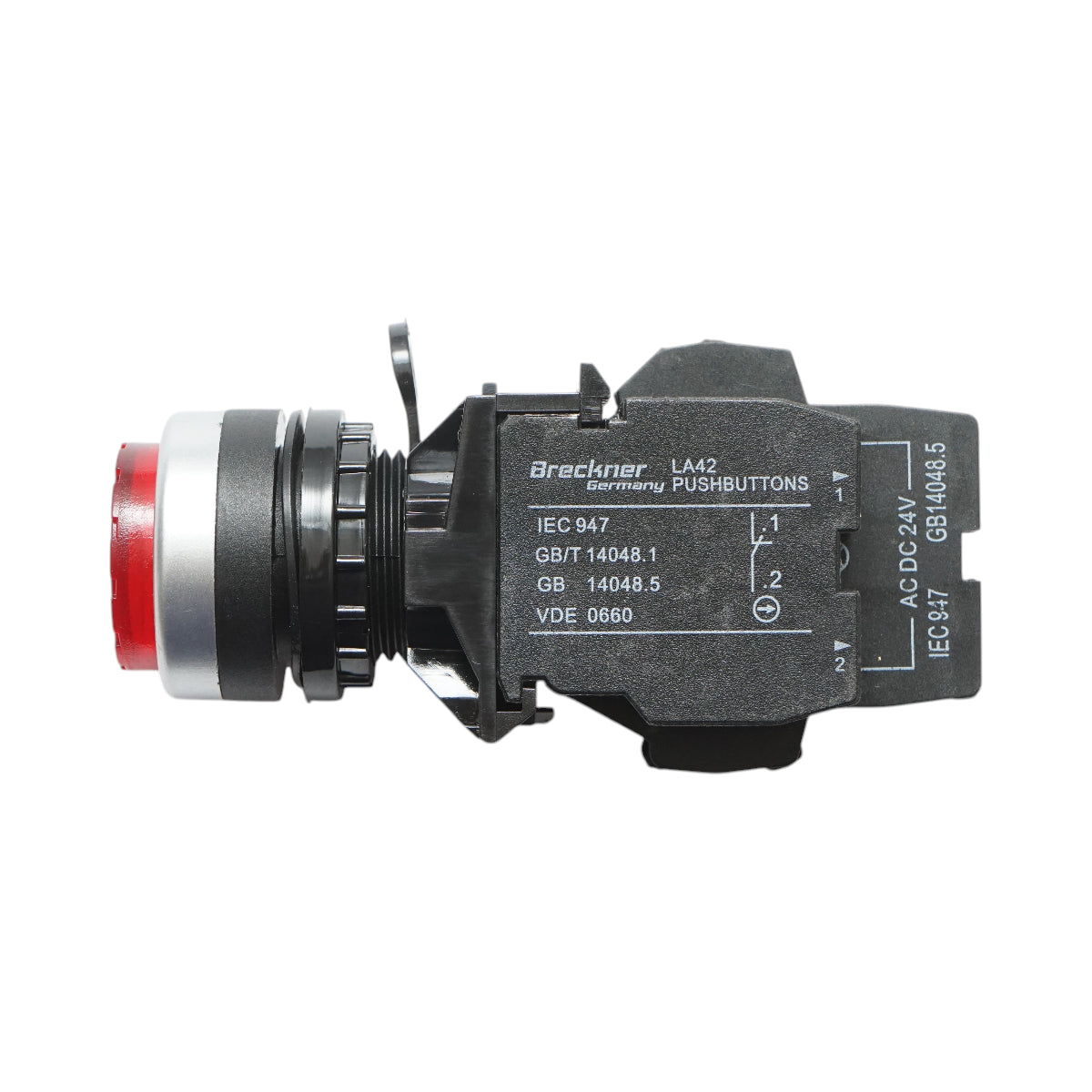 Pulsante di comando convesso illuminato 24V AC/DC LED rosso con ritorno 1NO+1NC, 10A/600V AC, 1A/250V DC LA42 Breckner Germany