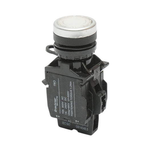 Pulsante di comando illuminato 24V AC/DC LED bianco con ritorno 1NO+1NC, 10A/600V AC, 1A/250V DC LA42 Breckner Germany