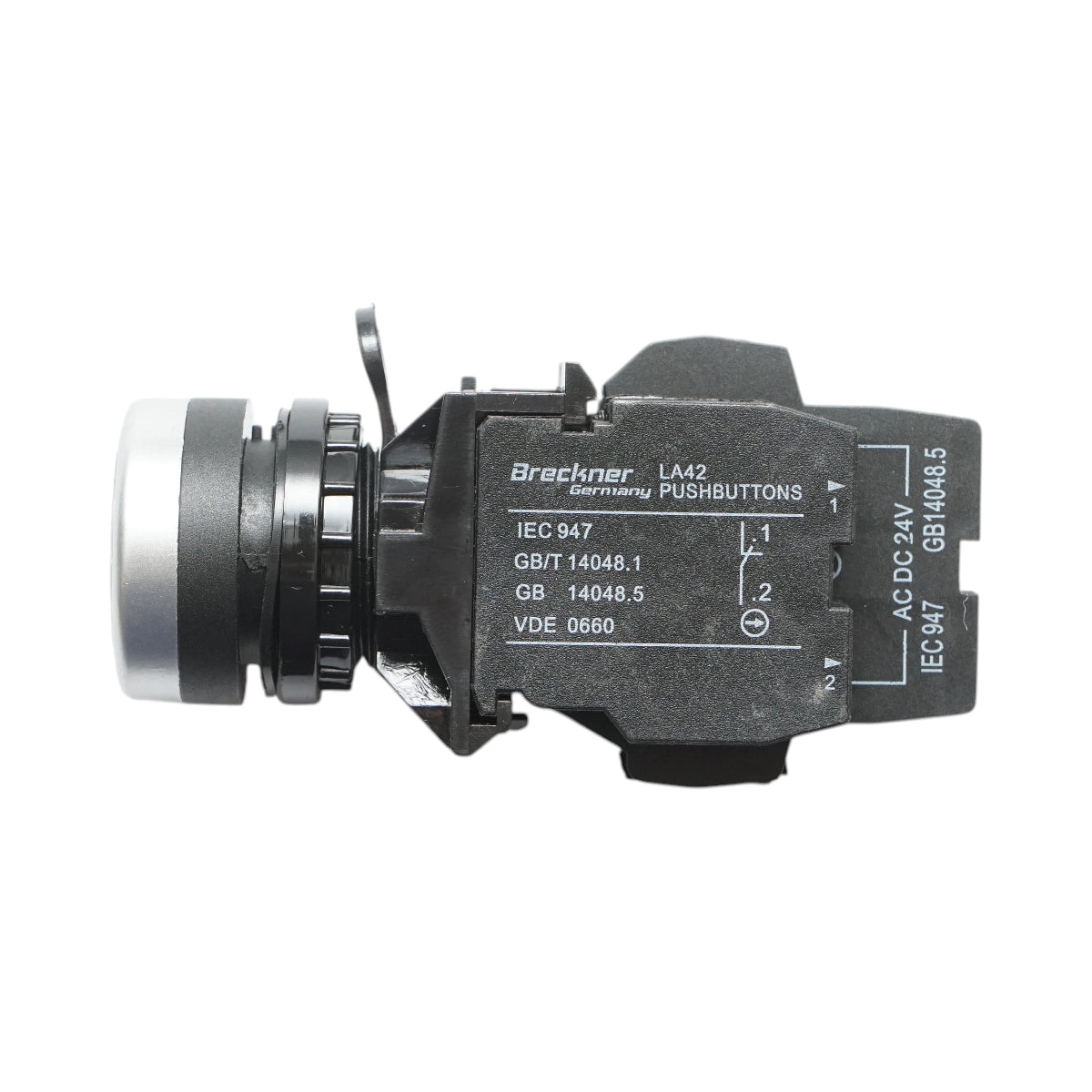 Pulsante di comando illuminato 24V AC/DC LED bianco con ritorno 1NO+1NC, 10A/600V AC, 1A/250V DC LA42 Breckner Germany