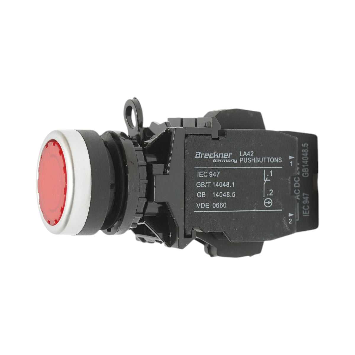 Pulsante di comando illuminato 24V AC/DC LED rosso con ritorno 1NO+1NC, 10A/600V AC, 1A/250V DC LA42 Breckner Germany